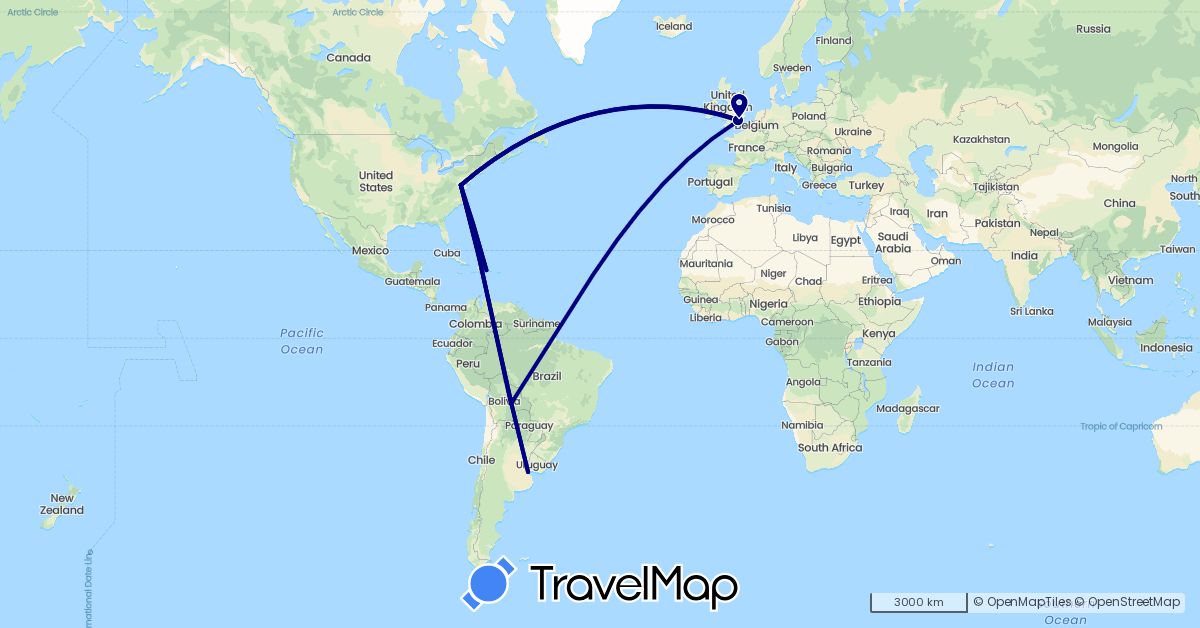 TravelMap itinerary: driving in Argentina, Bolivia, Dominican Republic, United Kingdom, United States (Europe, North America, South America)