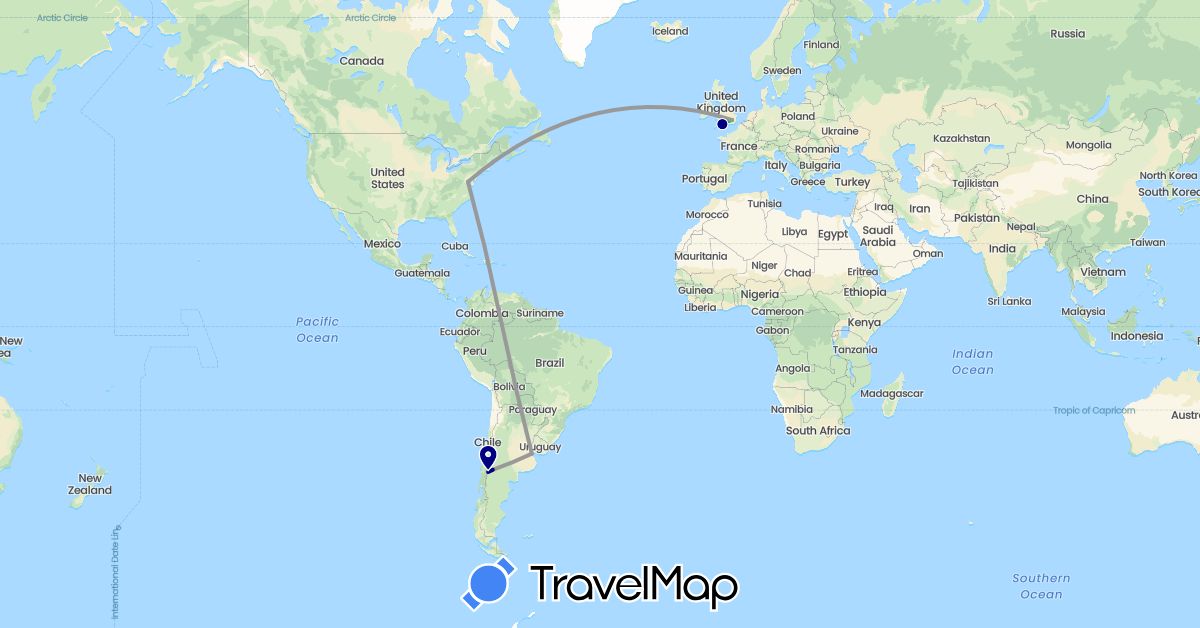 TravelMap itinerary: driving, bus, plane in Argentina, United Kingdom, United States (Europe, North America, South America)